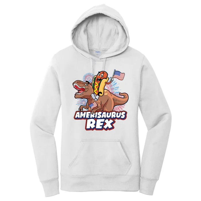 Funny Hotdog Riding Amerisaurus Rex Dinosaur Women's Pullover Hoodie