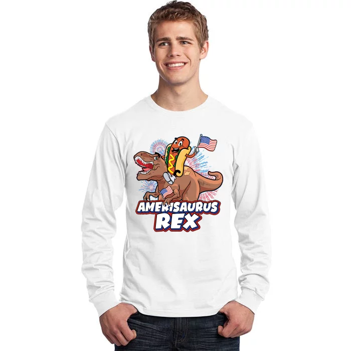 Funny Hotdog Riding Amerisaurus Rex Dinosaur Tall Long Sleeve T-Shirt