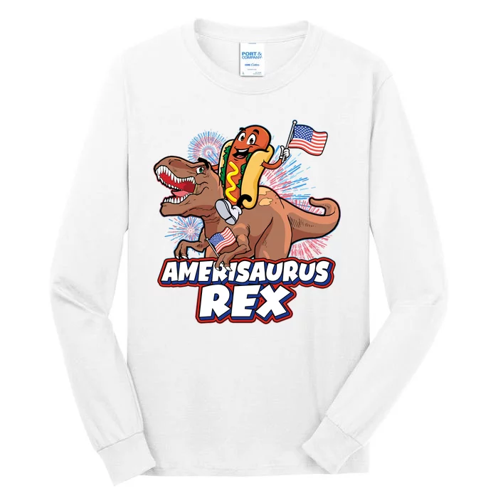 Funny Hotdog Riding Amerisaurus Rex Dinosaur Tall Long Sleeve T-Shirt