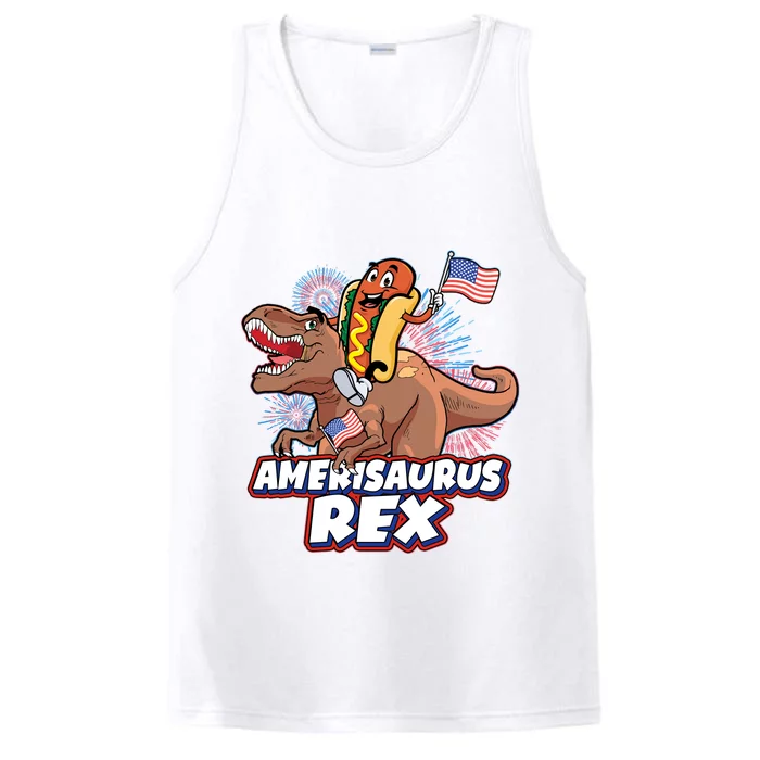 Funny Hotdog Riding Amerisaurus Rex Dinosaur Performance Tank