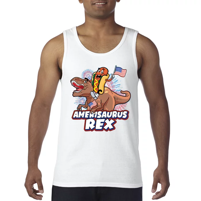 Funny Hotdog Riding Amerisaurus Rex Dinosaur Tank Top