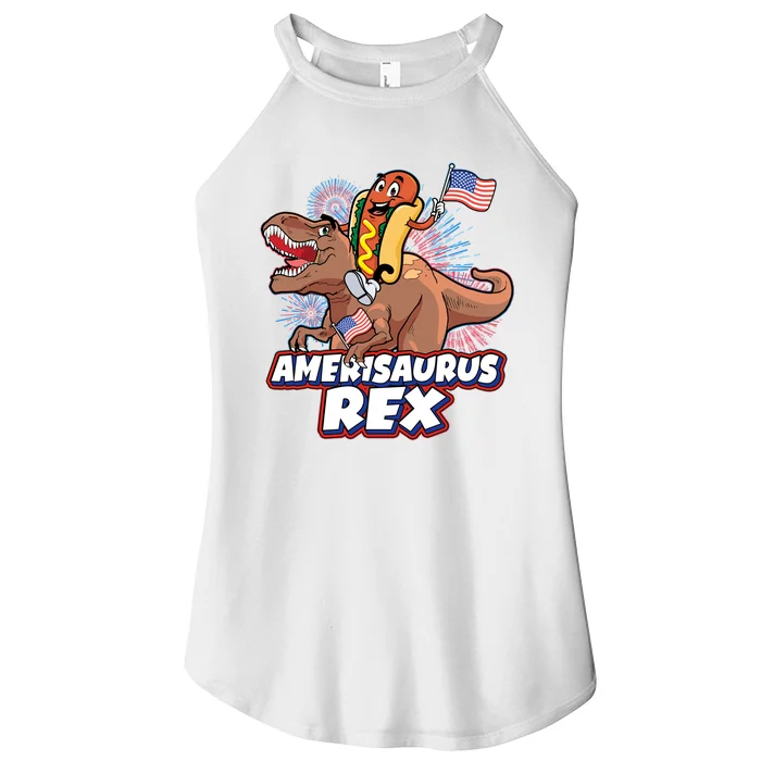 Funny Hotdog Riding Amerisaurus Rex Dinosaur Women’s Perfect Tri Rocker Tank