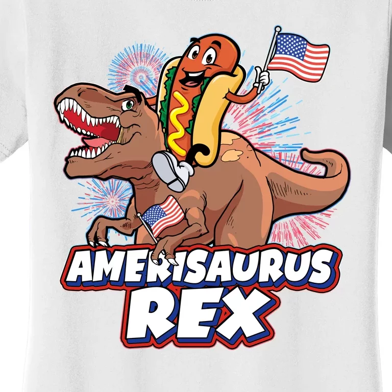 Funny Hotdog Riding Amerisaurus Rex Dinosaur Women's T-Shirt