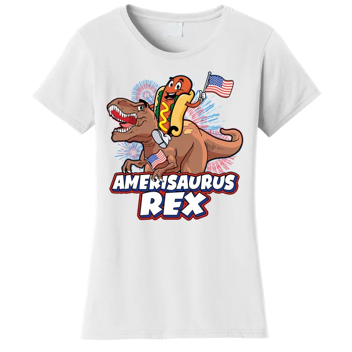 Funny Hotdog Riding Amerisaurus Rex Dinosaur Women's T-Shirt