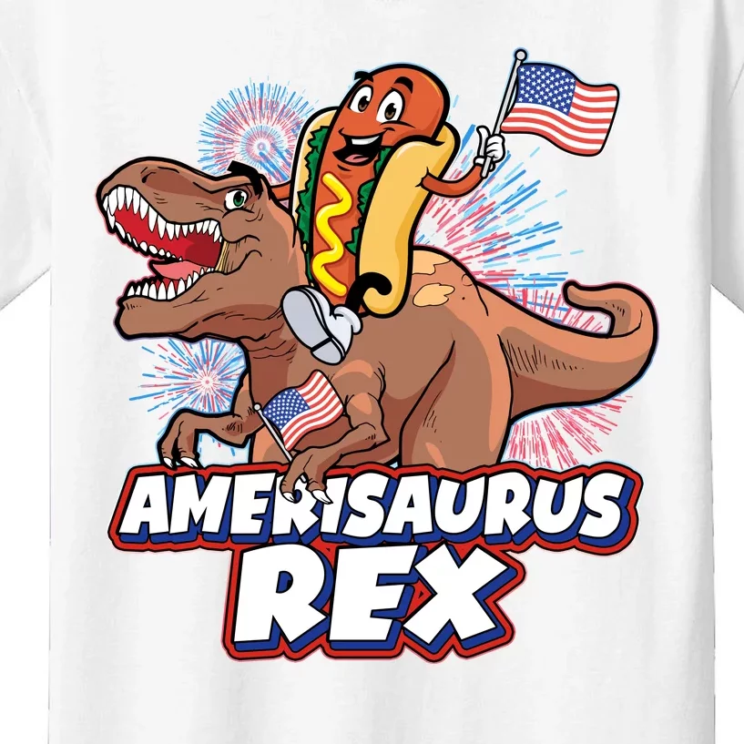 Funny Hotdog Riding Amerisaurus Rex Dinosaur Kids T-Shirt