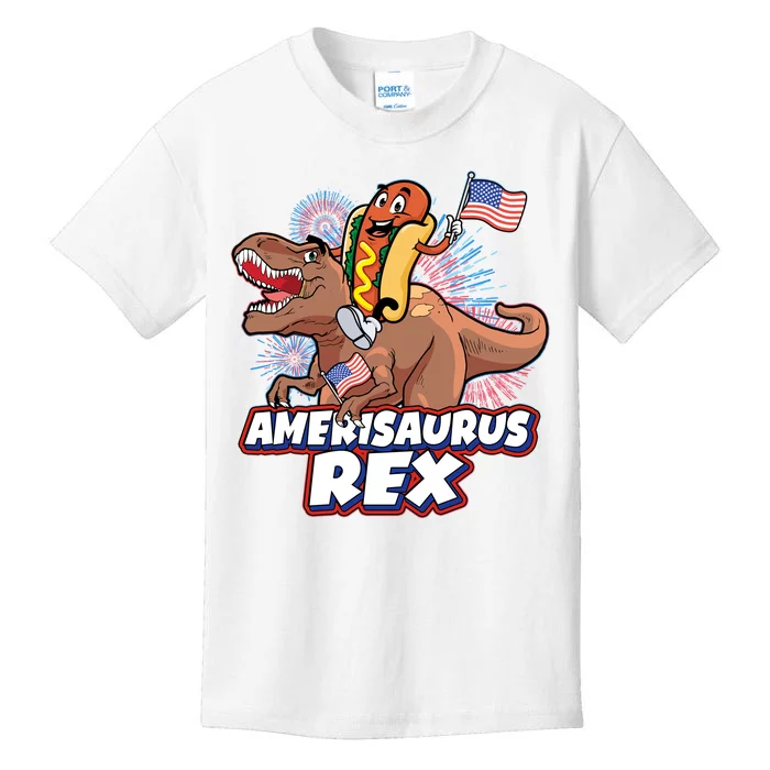 Funny Hotdog Riding Amerisaurus Rex Dinosaur Kids T-Shirt