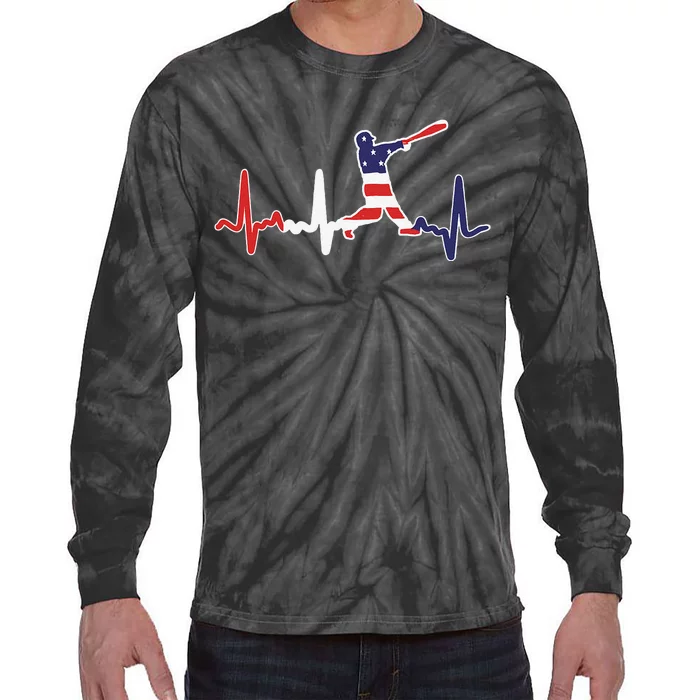 funny Home Run Baseball Flag Baseball Heartbeat Tie-Dye Long Sleeve Shirt