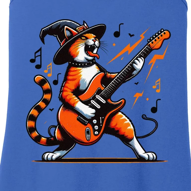 Funny Halloween Rock Cat Playing Guitar Cat Horror Ladies Essential Tank