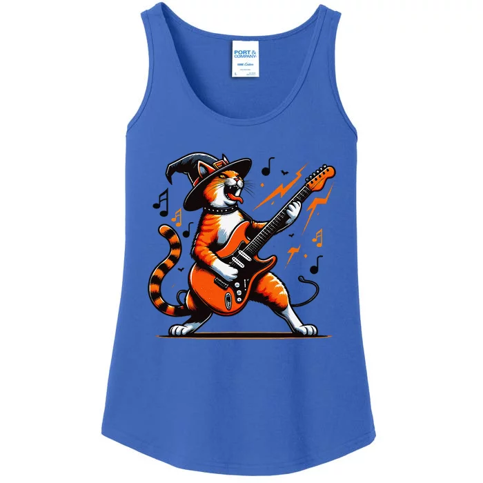 Funny Halloween Rock Cat Playing Guitar Cat Horror Ladies Essential Tank