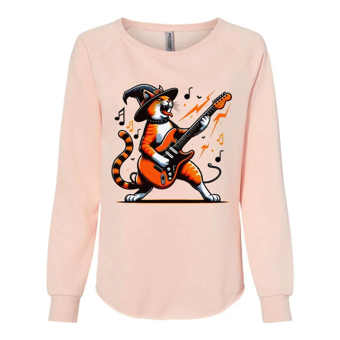 Funny Halloween Rock Cat Playing Guitar Cat Horror Womens California Wash Sweatshirt