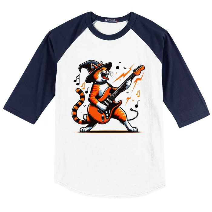 Funny Halloween Rock Cat Playing Guitar Cat Horror Baseball Sleeve Shirt