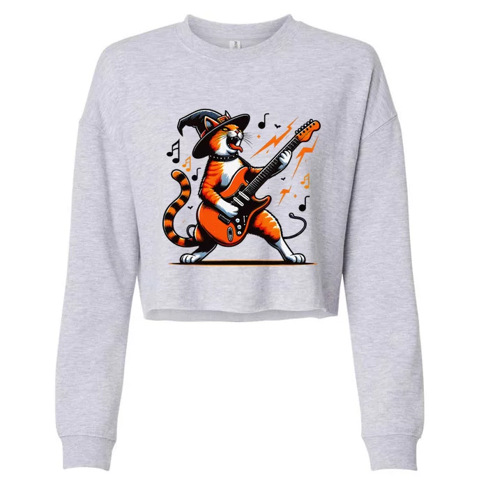 Funny Halloween Rock Cat Playing Guitar Cat Horror Cropped Pullover Crew