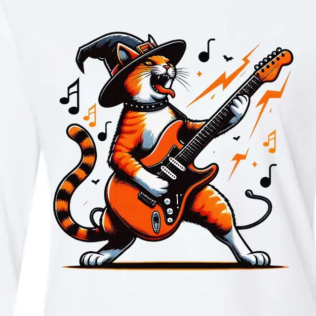 Funny Halloween Rock Cat Playing Guitar Cat Horror Womens Cotton Relaxed Long Sleeve T-Shirt