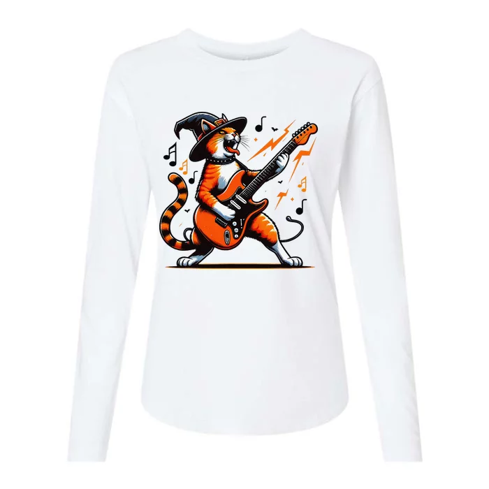 Funny Halloween Rock Cat Playing Guitar Cat Horror Womens Cotton Relaxed Long Sleeve T-Shirt