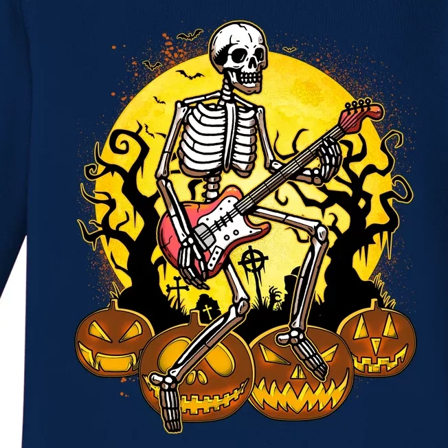 Funny Halloween Rocker Skeleton Rock With Electric Guitar Baby Long Sleeve Bodysuit