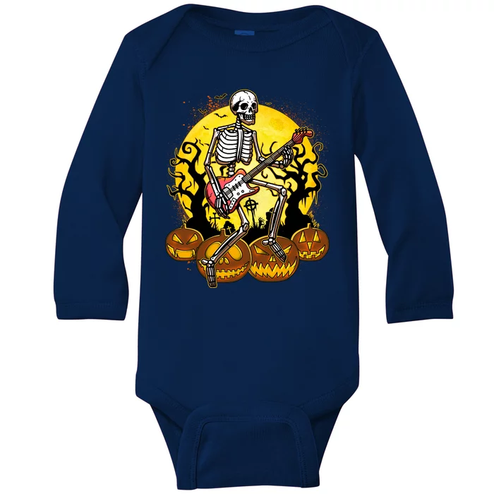 Funny Halloween Rocker Skeleton Rock With Electric Guitar Baby Long Sleeve Bodysuit