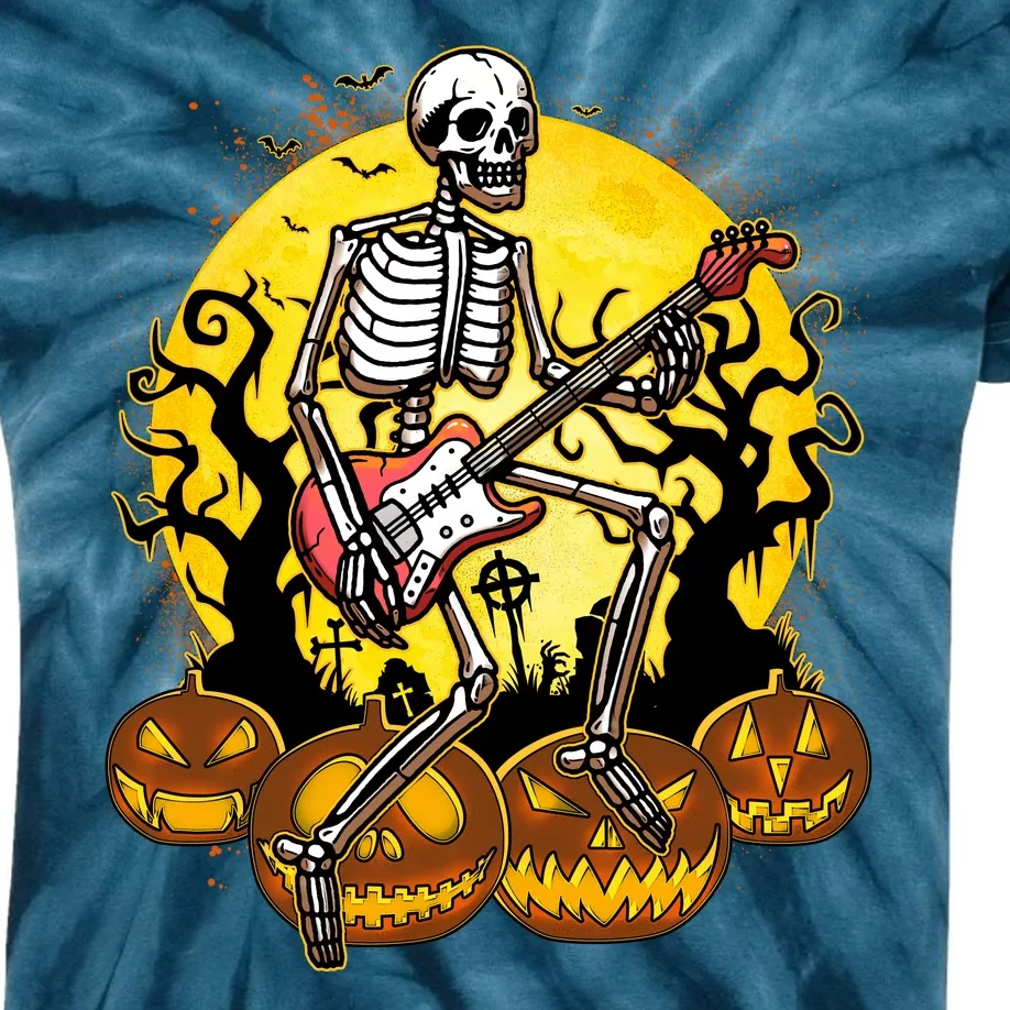 Funny Halloween Rocker Skeleton Rock With Electric Guitar Kids Tie-Dye T-Shirt