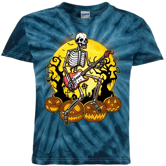 Funny Halloween Rocker Skeleton Rock With Electric Guitar Kids Tie-Dye T-Shirt