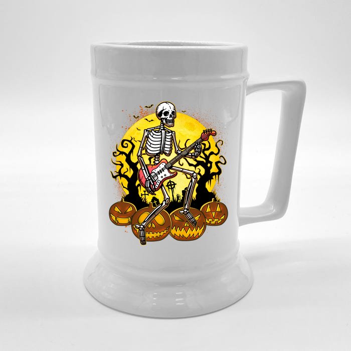 Funny Halloween Rocker Skeleton Rock With Electric Guitar Front & Back Beer Stein