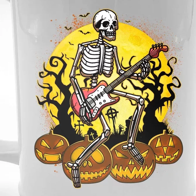 Funny Halloween Rocker Skeleton Rock With Electric Guitar Front & Back Beer Stein