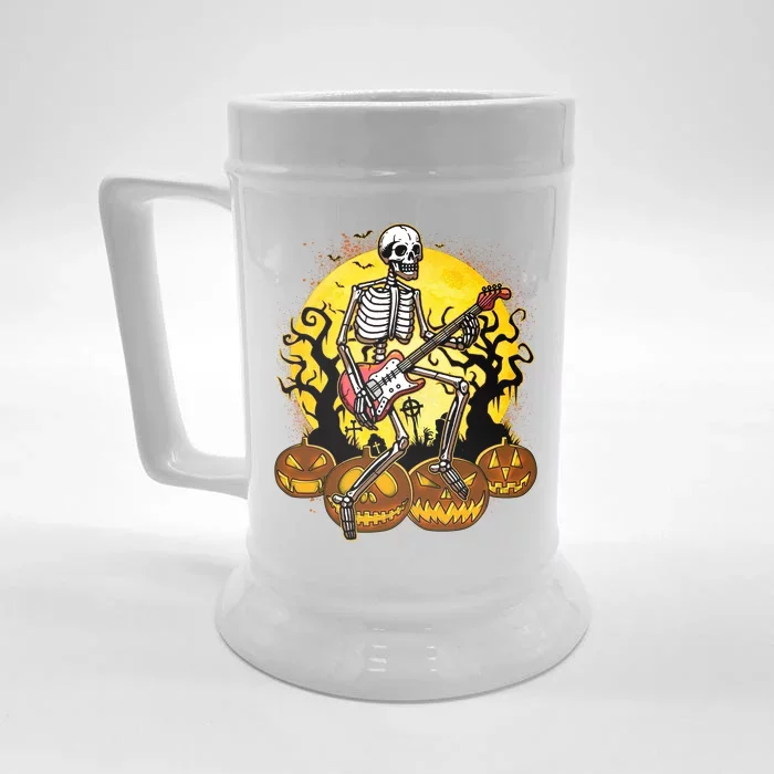 Funny Halloween Rocker Skeleton Rock With Electric Guitar Front & Back Beer Stein