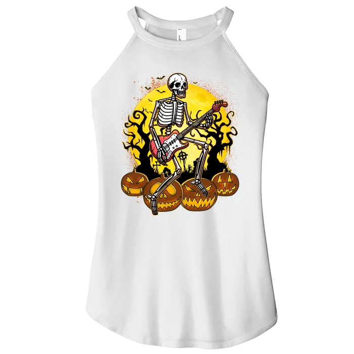 Funny Halloween Rocker Skeleton Rock With Electric Guitar Women’s Perfect Tri Rocker Tank