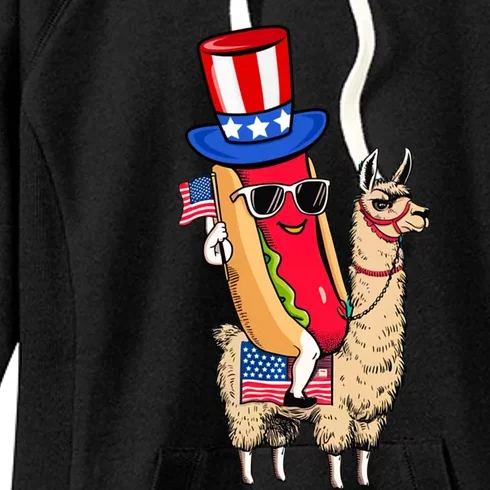 Funny Hotdog Riding Llama Sunglasses 4th Of July Llama Lover Gift Women's Fleece Hoodie