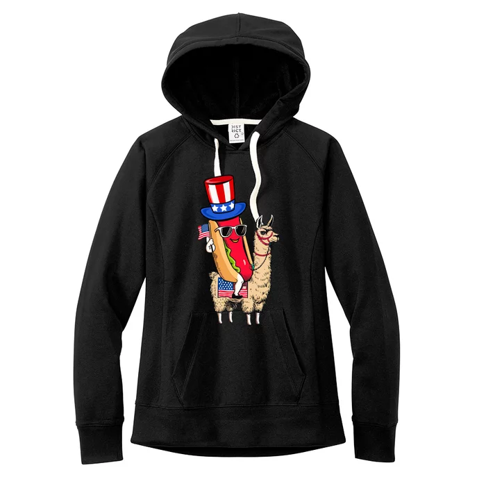 Funny Hotdog Riding Llama Sunglasses 4th Of July Llama Lover Gift Women's Fleece Hoodie