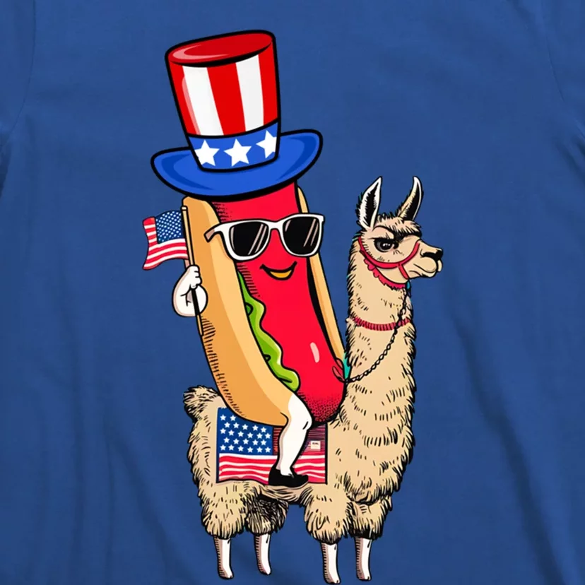 Funny Hotdog Riding Llama Sunglasses 4th Of July Llama Lover Gift T-Shirt