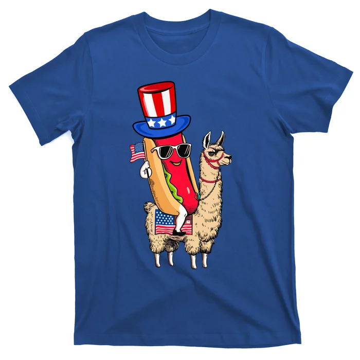 Funny Hotdog Riding Llama Sunglasses 4th Of July Llama Lover Gift T-Shirt