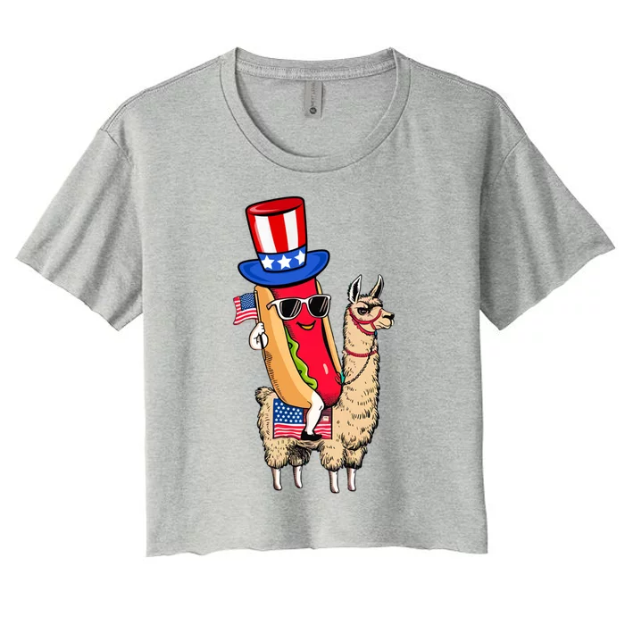 Funny Hotdog Riding Llama Sunglasses 4th Of July Llama Lover Gift Women's Crop Top Tee