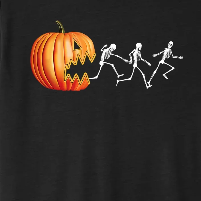 Funny Halloween Skeleton Running Pumpkin Jack O Lantern Eating ChromaSoft Performance T-Shirt