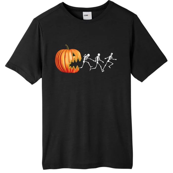 Funny Halloween Skeleton Running Pumpkin Jack O Lantern Eating ChromaSoft Performance T-Shirt