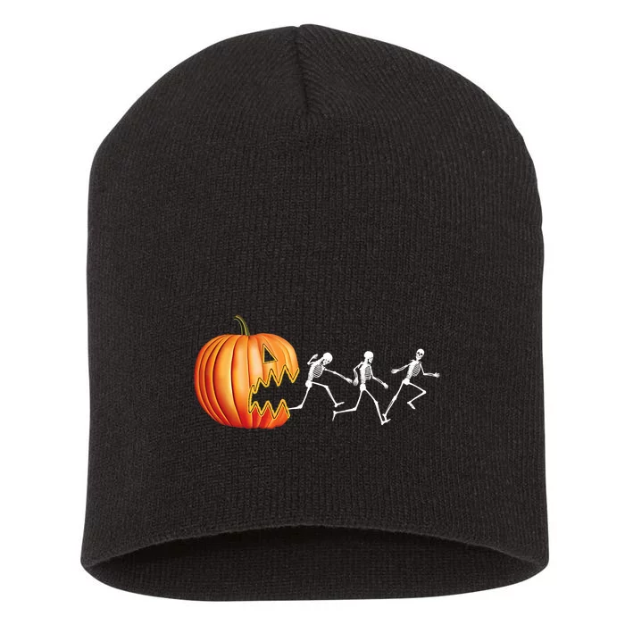 Funny Halloween Skeleton Running Pumpkin Jack O Lantern Eating Short Acrylic Beanie