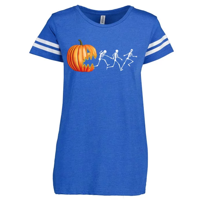 Funny Halloween Skeleton Running Pumpkin Jack O Lantern Eating Enza Ladies Jersey Football T-Shirt