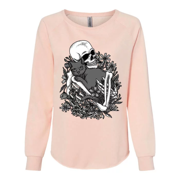 Funny Halloween Skull Skeleton Holding Cat Womens California Wash Sweatshirt