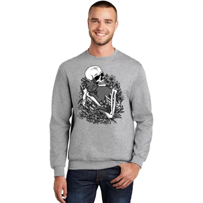 Funny Halloween Skull Skeleton Holding Cat Sweatshirt