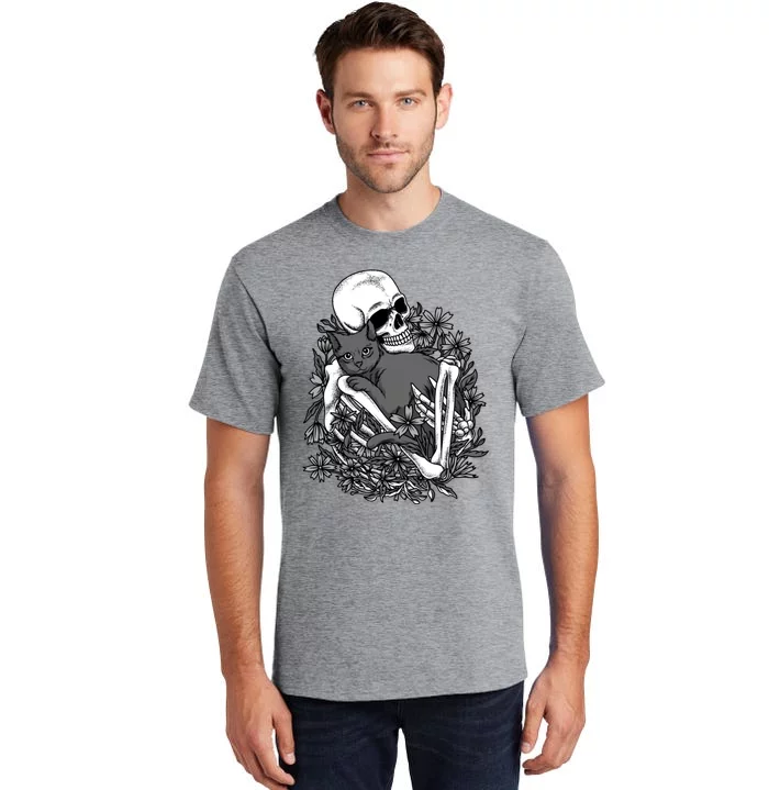 Funny Halloween Skull Skeleton Holding Cat Tall T-Shirt