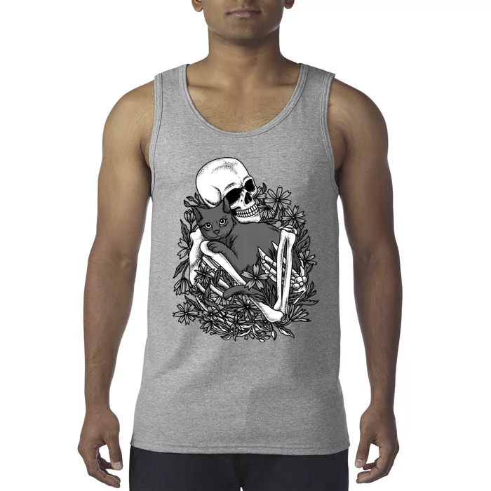 Funny Halloween Skull Skeleton Holding Cat Tank Top