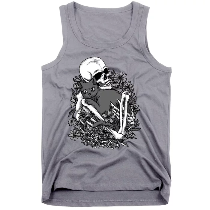 Funny Halloween Skull Skeleton Holding Cat Tank Top