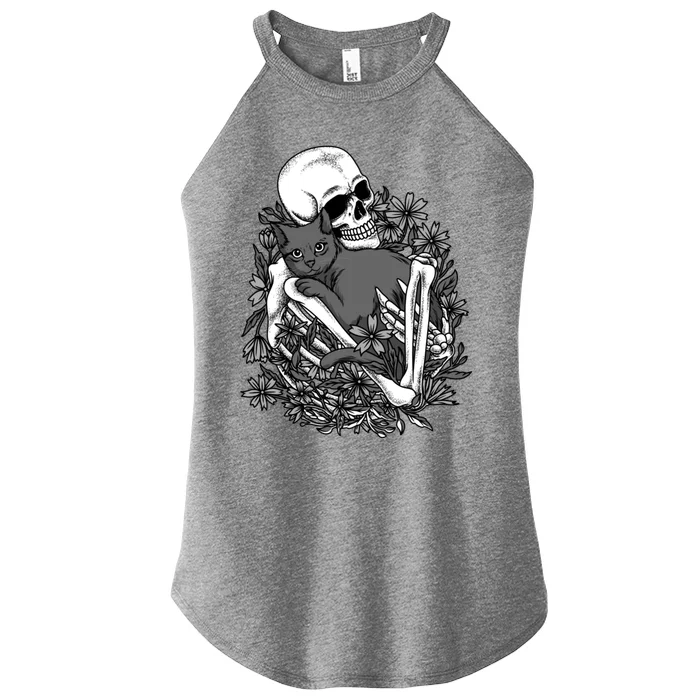 Funny Halloween Skull Skeleton Holding Cat Women’s Perfect Tri Rocker Tank