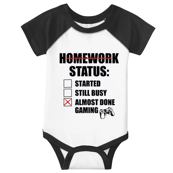 Funny Homework Status Still Busy Gaming Gamer Meme Infant Baby Jersey Bodysuit