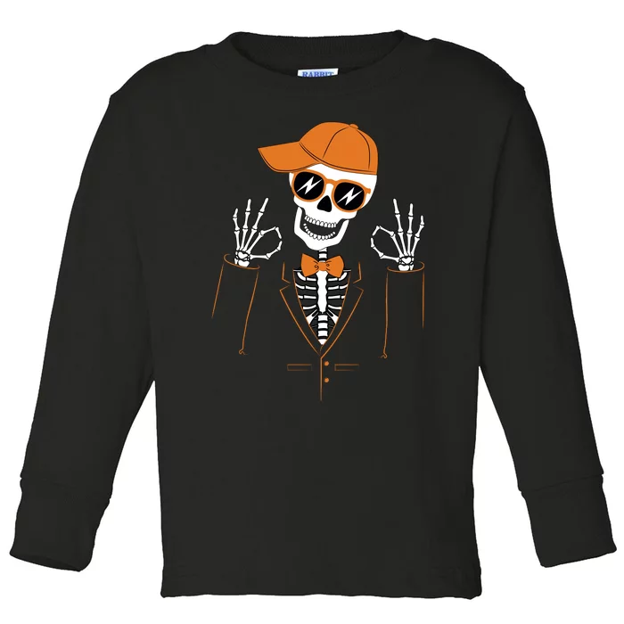 Funny Halloween Skeleton Hipster Bowtie Tuxedo Tux Toddler Long Sleeve Shirt