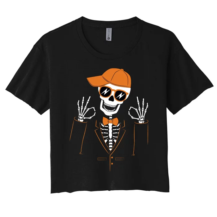 Funny Halloween Skeleton Hipster Bowtie Tuxedo Tux Women's Crop Top Tee