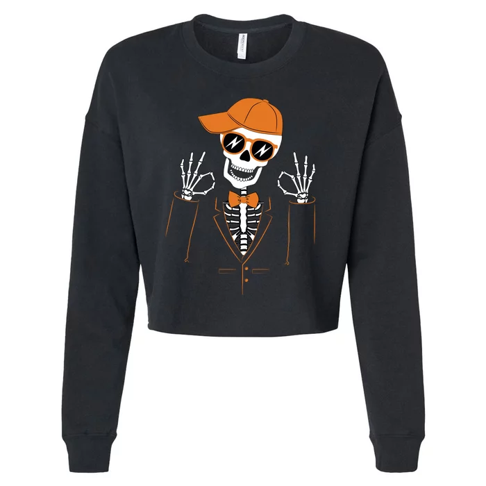 Funny Halloween Skeleton Hipster Bowtie Tuxedo Tux Cropped Pullover Crew