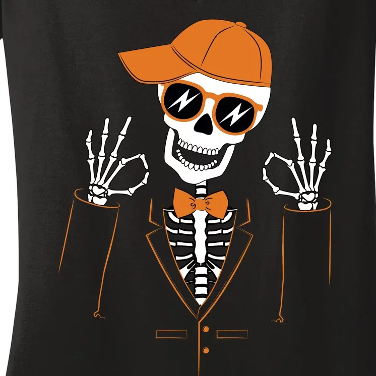 Funny Halloween Skeleton Hipster Bowtie Tuxedo Tux Women's V-Neck T-Shirt