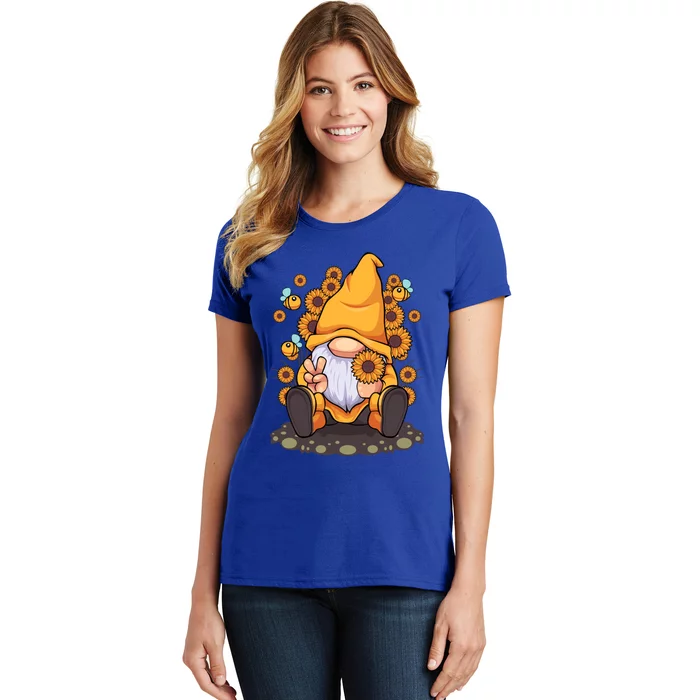 Funny Hippie Sunflower Gnome With Bee Flower Summer Design Gift Women's T-Shirt