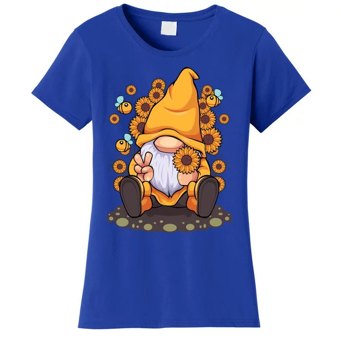 Funny Hippie Sunflower Gnome With Bee Flower Summer Design Gift Women's T-Shirt