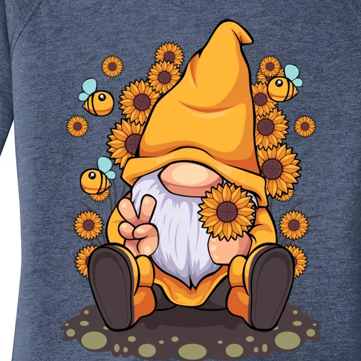 Funny Hippie Sunflower Gnome With Bee Flower Summer Design Gift Women's Perfect Tri Tunic Long Sleeve Shirt