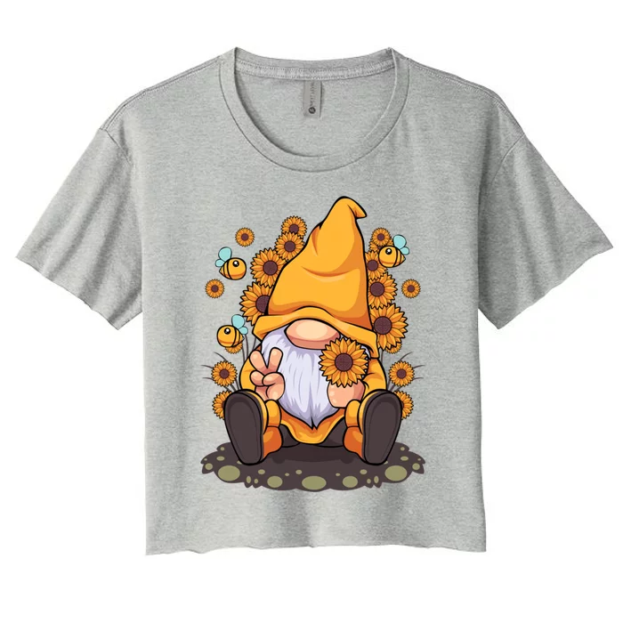 Funny Hippie Sunflower Gnome With Bee Flower Summer Design Gift Women's Crop Top Tee